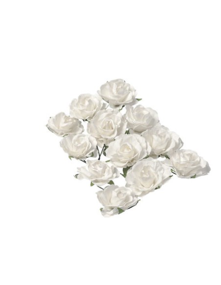 12 Roses 3.5cm Blanches Sur Tige Papier