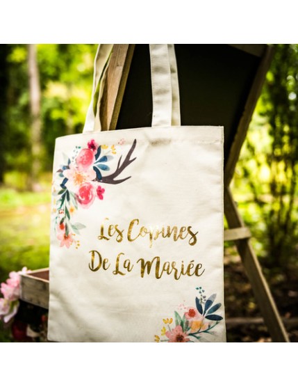 Tote Bag Les Copines De La Marie Folk Lin Dorure Or 31X37cm Faites La Fête Accessoires de décoration