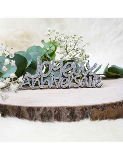 4 Deco Joyeux Anniversaire En Bois Paillettes Argent 11.5X5X0.3cm Faites La Fête Anniversaire