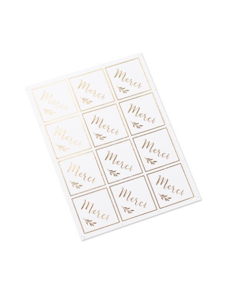 24 Stickers Blanc Merci Or 4X4cm