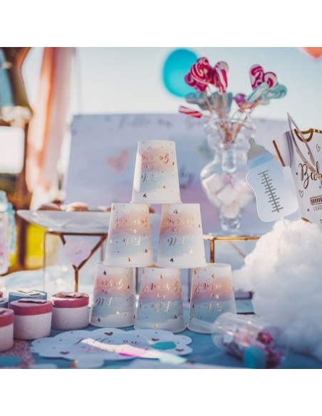 8 Gobelets Gender Reveal Blanc Rosebleu Et Or 255Ml