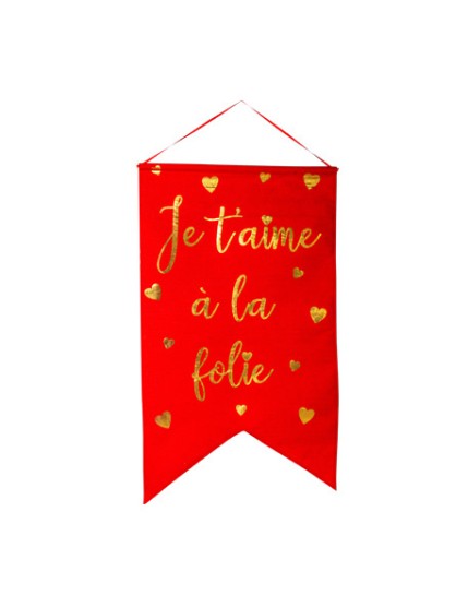 Suspension Géante Je T\'Aime A La Folie Lin Rouge Et Coeurs Or 51.5X87cm Faites La Fête Cérémonie