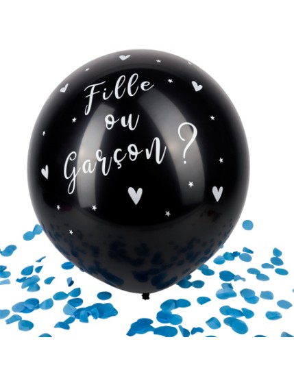 Ballon Géant Noir Fille Ou Garçon Confettis Bleus 60 cm Faites La Fête Accessoires de décoration