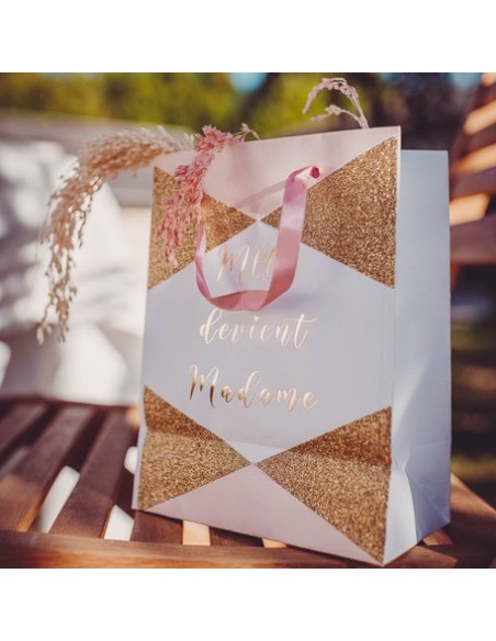 4 Sacs Mlle Devient Madame Rose, Blanc Et Or 15X20cm