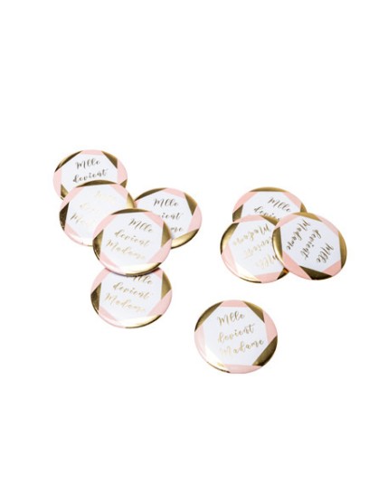 8 Badges Mlle Devient Madame Rose Blanc Et Or Diam 5cm Faites La Fête Badge