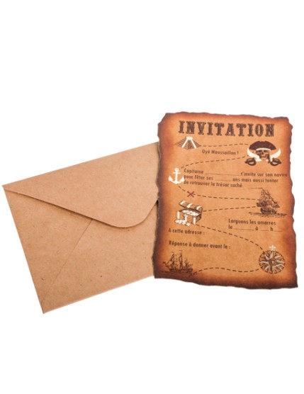 8 Invitations Pirate Kraft & Or+ 8 Enveloppes Kraft 10X15cm Faites La Fête Anniversaire