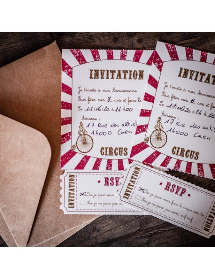 8 Invitations Circus Vintage Ivoireet Rouge + 8 Enveloppes Kraft 10X15 Faites La Fête Anniversaire