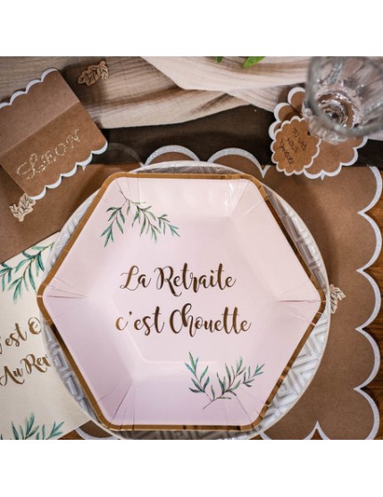 8 Assiettes La Retraite Cest Chouet Te Beige Feuille D Olivier Or Faites La Fête Accessoires de décoration