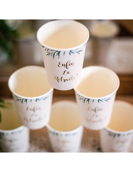 8 Gobelets Enfin La Retraite Beige Feuilles D Olivier Et Or 255Ml