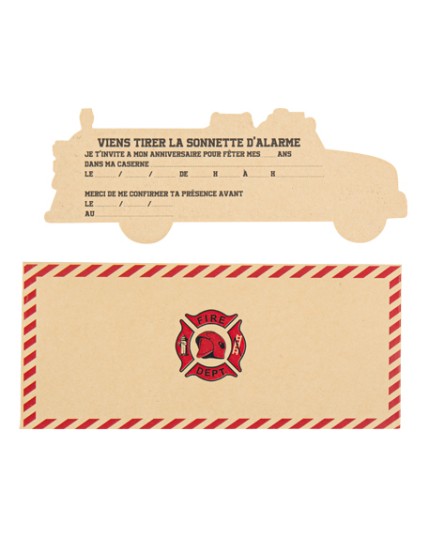 8 Invitations Pompier Kraft Rouge Or 18X7cm+ 8 Enveloppes Imprimees Faites La Fête Anniversaire