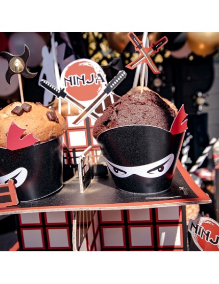 8 Déco A Cupcakes Ninja Noir Et Rouge 22,5X6cm Faites La Fête Anniversaire
