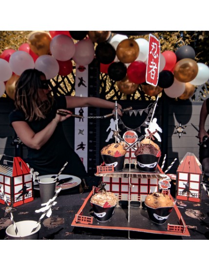 8 Déco A Cupcakes Ninja Noir Et Rouge 22,5X6cm Faites La Fête Anniversaire