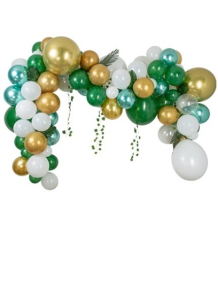 Kit Arche De 86 Ballons Tropicool Degrade De Vert Or Et Feuilles Tropicales Faites La Fête Arche de ballons