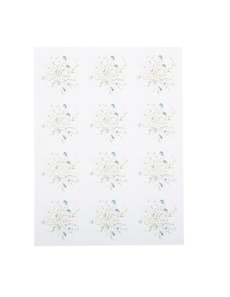 24 Stickers Merci Sauge Green Blancs, Vert Sauge et Or 5 cm
