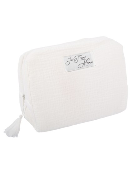 Trousse Je T\'aime Mamie en Gaze de Coton Blanc avec Pompon 16x24x12cm Faites La Fête Trousse