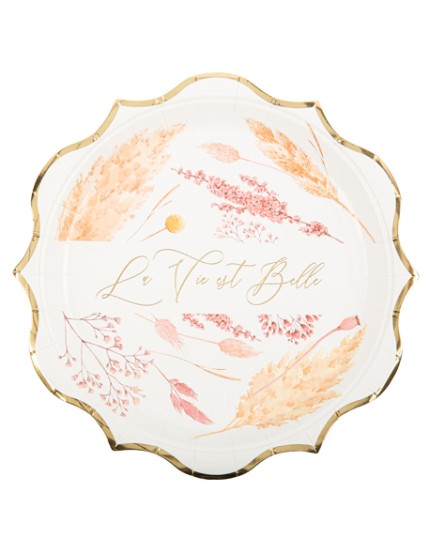 8 Assiettes La Vie est Belle Fleurs des Prairies Blanches, Roses, Beige et Or 22.5cm Faites La Fête Accessoires de décoration