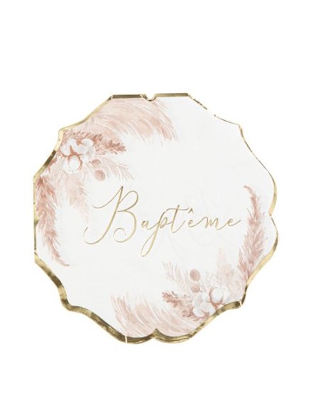 8 Assiettes Baptême Pampa, Fleurs De Coton 23 cm