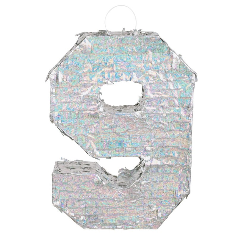 Piñata chiffre '9' argent holographique (40 x 28 x 8 cm)