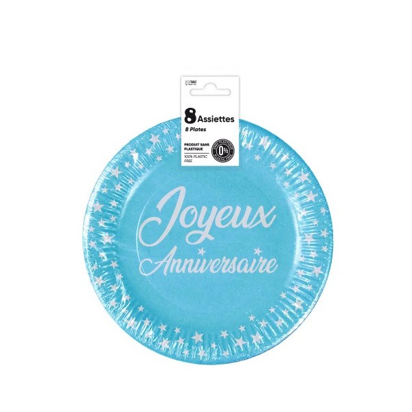 ASSIETTES X 8 ANNIVERSAIRE 18CM BLEU