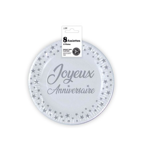ASSIETTES X 8 ANNIVERSAIRE 18CM BLANC