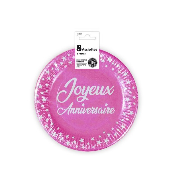 ASSIETTES X 8 ANNIVERSAIRE 18CM FUCHSIA