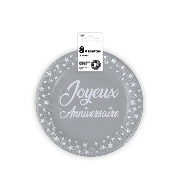 ASSIETTES X 8 ANNIVERSAIRE 18CM GRIS