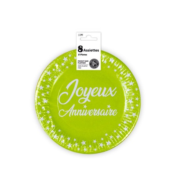 ASSIETTES X 8 ANNIVERSAIRE 18CM VERT