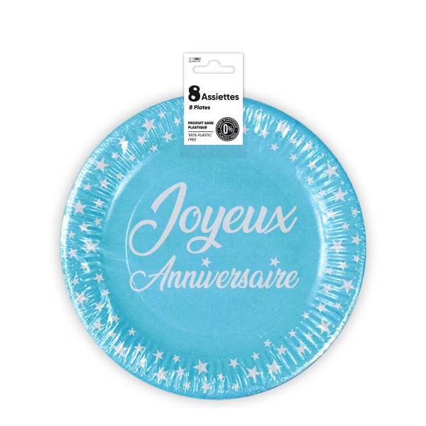 ASSIETTES X 8 ANNIVERSAIRE 23CM BLEU