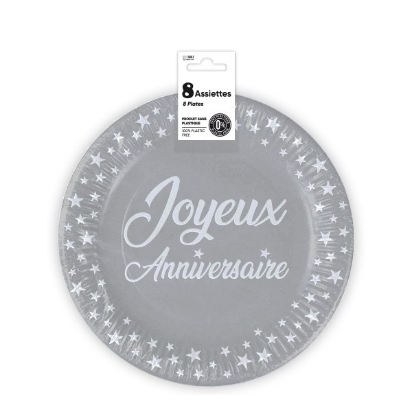 ASSIETTES X 8 ANNIVERSAIRE 23CM GRIS