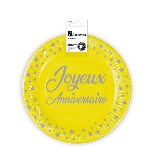 ASSIETTES X 8 ANNIVERSAIRE 23CM JAUNE