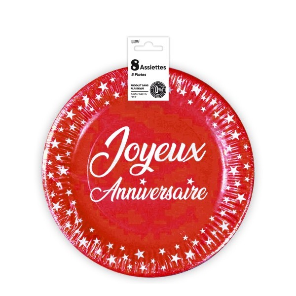 ASSIETTES X 8 ANNIVERSAIRE 23CM ROUGE