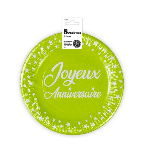 ASSIETTES X 8 ANNIVERSAIRE 23CM VERT
