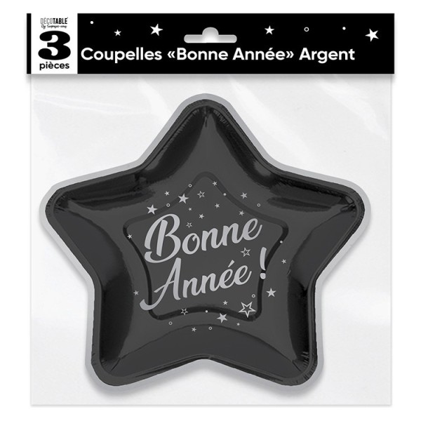 COUPELLES X 3 ETOILE BONNE ANNÉE NOIR / ARGENT