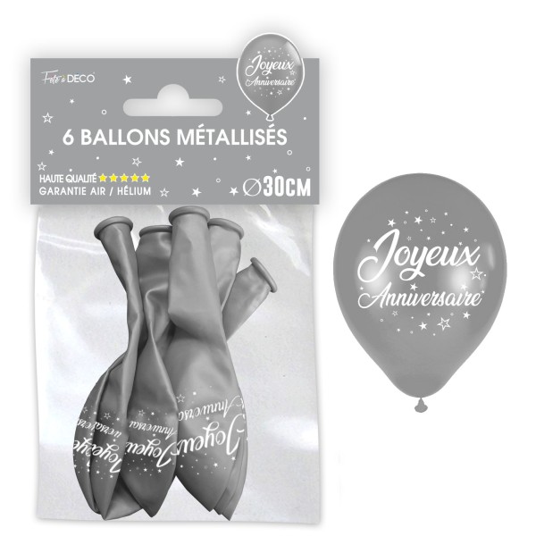 SACHET 6 BALLONS METAL ARGENT JOYEUX ANNIVERSAIRE