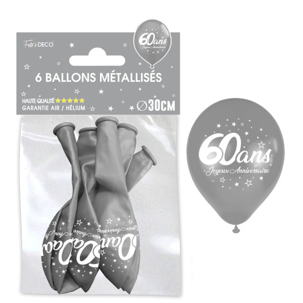SACHET 6 BALLONS METAL ARGENT 60 ANS
