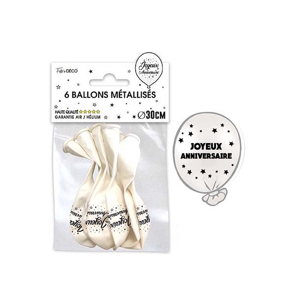 SACHET 6 BALLONS METAL BLANC JOYEUX ANNIVERSAIRE