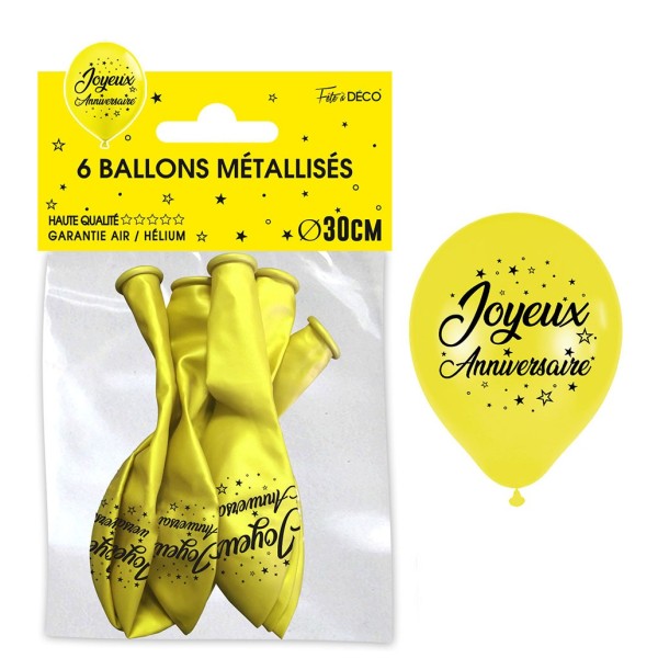 SACHET 6 BALLONS METAL JAUNE JOYEUX ANNIVERSAIRE