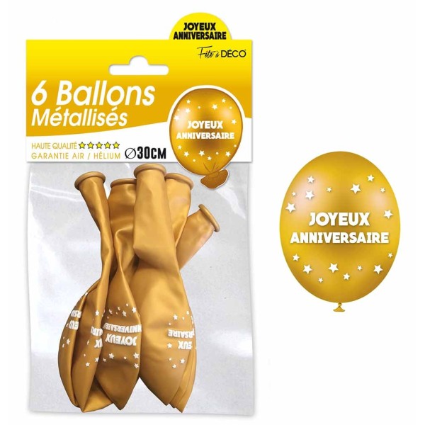 SACHET 6 BALLONS METAL OR JOYEUX ANNIVERSAIRE