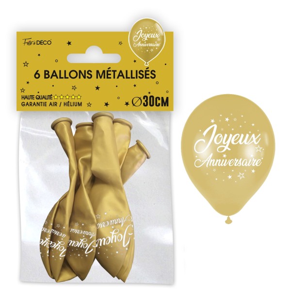 SACHET 6 BALLONS METAL OR JOYEUX ANNIVERSAIRE