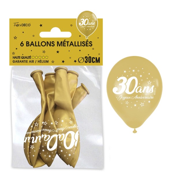 SACHET 6 BALLONS METAL OR 30 ANS