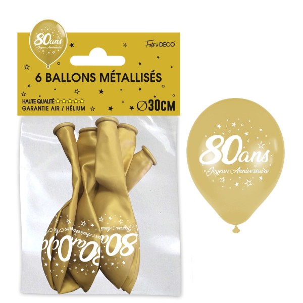 SACHET 6 BALLONS METAL OR 80 ANS