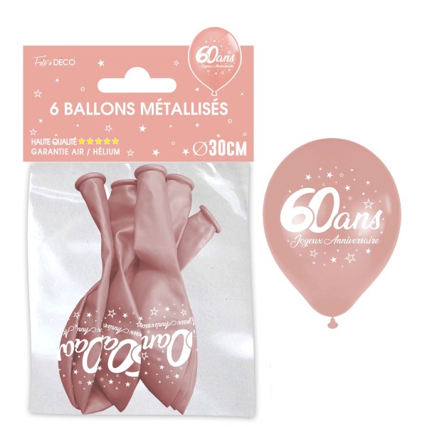 SACHET 6 BALLONS METAL ROSE GOLD 60 ANS
