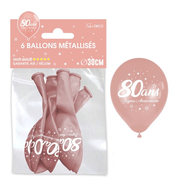 SACHET 6 BALLONS METAL ROSE GOLD 80 ANS