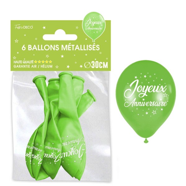 SACHET 6 BALLONS METAL VERT JOYEUX ANNIVERSAIRE