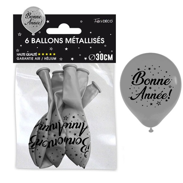 SACHET 6 BALLONS BONNE ANNÉE ARGENT / NOIR