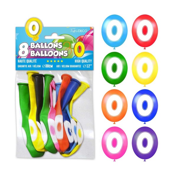 SACHET 8 BALLONS LATEX CHIFFRE 0