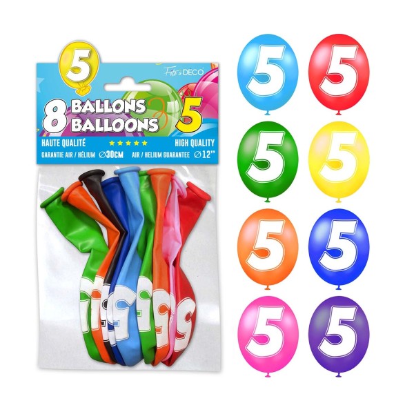 SACHET 8 BALLONS LATEX CHIFFRE 5