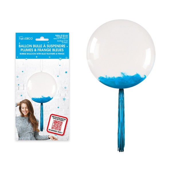 BALLON BULLE TRANSPARENT PLUMES FRANGE BLEU