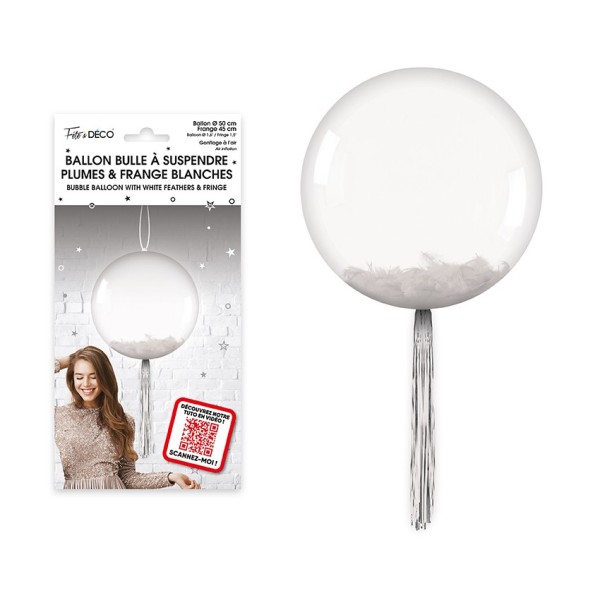 BALLON BULLE TRANSPARENT PLUMES FRANGE BLANC