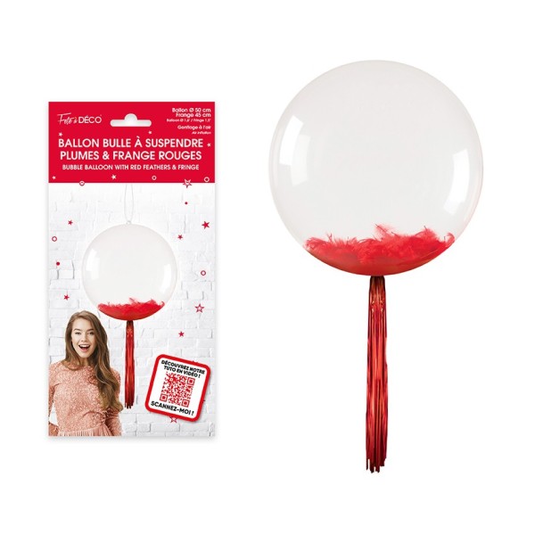 BALLON BULLE TRANSPARENT PLUMES FRANGE ROUGE